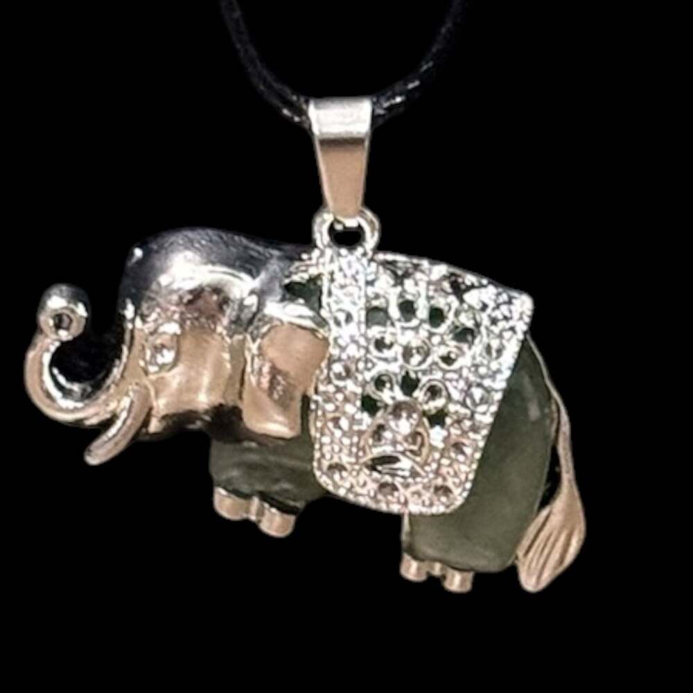 Green Aventurine Traveling Elephant Pendant Black Cord Necklace - Picture 4 of 4